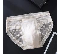 Ropa interior de encaje para hombre, bragas de seda de hielo delgadas con bolsillo 3D Bulge sin costuras transpirable de alta elasticidad color sólido pantalones de tanga para lencería blanco nude (L