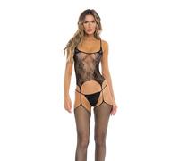 Ropa interior erótica de cuero y látex para mujer marca René Rofé Combinaison résille et string "Fuck all night" - REN7099-BLK