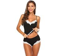 Ropa Interior Erótica Mujer Ropa De Dormir De Verano para Mujer Pijama Sexy Loungewear Encaje Patchwork Correa De Espagueti Sexy Conjunto De Pijama De Lencería-Black_S