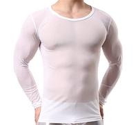 Ropa interior para hombre, calzoncillos tipo bóxer de malla, transpirables, manga larga, ropa de dormir transparente, blusa de malla informal, Blanco, L