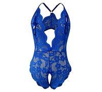 Ropa interior sexy con cuello en V para mujer, lencería de encaje sin espalda, ropa interior, conjunto de lencería con tirantes negros, lencería, azul, XXL