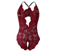 Ropa interior sexy con cuello en V para mujer, lencería de encaje sin espalda, ropa interior, conjunto de lencería con tirantes negros, lencería, Vino, M
