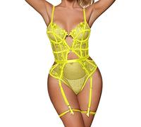 Ropa Interior Sexy Mujer LenceriaLencería Transparente de Encaje con Bordado Elegante y Detalles de Suspensión para Mujer (Yellow, L)