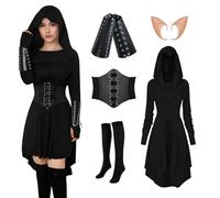 Ropa medieval para mujer, juego de vestido gótico renacentista, vestido con capucha para mujer con corsé, protectores de brazos, medias, orejas de elfo para carnaval, Halloween, fiestas (negro, XL)