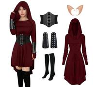 Ropa medieval para mujer, juego de vestido gótico renacentista, vestido con capucha para mujer con corsé, protectores de brazos, medias, orejas de elfo para carnaval, Halloween, fiestas (Rojo, M)