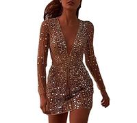 Ropa Mujer Vestidos - Vestidos Verano Mujer - Mujeres Sexy Deep V See Through Gold Covered Buttock Vestido De Noche De Manga Larga