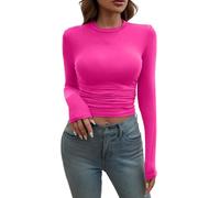 Ropa Mujer,Women's Long Sleeve Shirts Crew Neck Slim Fit Going out Tops Basic Tees Barely There Camisa Vaquera (Hot Pink, XS),