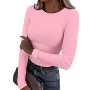 Ropa Mujer,Women's Spring and Summer Pure Color Stripes High Elastic Long Sleeved Undershirt Top Blusa Manga Larga (Pink, XXL),