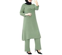Ropa para mujeres musulmanas de 2 piezas, traje de ramadán, manga larga, botones, camisa abaya, vestido de oración, ropa de oración, turco, largo, conjunto de ropa musulmana islámica, verde claro, M