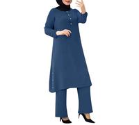 Ropa para mujeres musulmanas de 2 piezas, traje de ramadán, manga larga, botones, camisa abaya, vestido de oración, ropa de oración, turco, largo, conjunto de ropa musulmana islámica, azul, M