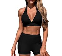 Ropa Playa Mujer Trajes De BañO 2 Piezas Women's Spring Summer Solid Color No Ring Bikini Split Swimsuit Set Bikini Push up con Relleno Traje De BañO Mujer (Black, M)