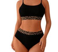 Ropa Pole Dance Mujer, Pole Dance Ropa Conjunto 2 Piezas Negro con Leopardo, Top Corto sin Aro con Almohadillas Extraíbles y Short Cintura Alta Elástico (Negro & Animal Print, S)