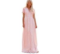 Ropa Premama Embarazada Vestidos de Maternidad de Verano for Mujer, Cuello en V, Encaje Blanco, Manga Corta, Vestido de fotografía for Embarazadas, Vestidos de Embarazo para Premamá(Pink,L)