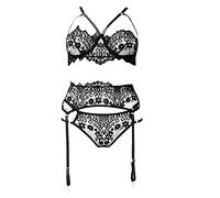 Ropa sexy para mujer, encaje con armaduras, para velada traviesa, conjunto de lencería erótica, atuendo audaz y festivo para encuentros románticos, Le Noir, XL