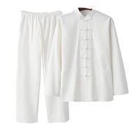 Ropa tradicional china para hombre traje tang, ropa de tai chi de lino de algodón, chaqueta de kung fu suelta abrigo de manga larga tops y pantalones, traje de combate, Blanco, xx-large