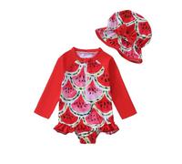 Ropa UV para bebé y niña, traje de baño de manga larga, traje de baño Hawaii con volantes UV, con protección UPF 50+, traje de baño infantil para playa y piscina, niños pequeños de 0 a 24 meses, rojo