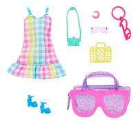 Ropa y accesorios de Barbie: bolso de lujo con forma de gafas de sol y llavero, vestido de cuadros multicolor y accesorios veraniegos para mu eca