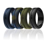 ROQ Anillo de boda de silicona para hombres, juego de 4 elegantes y asequibles anillos de boda de goma de silicona, bordes biselados superiores cepillados, negro, verde oscuro, azul oscuro, camuflaje azul oliva, talla 12, Metal, Sin piedras preciosas