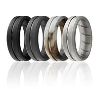 ROQ Anillos de silicona, anillo de boda de goma de silicona transpirable para hombres con diseño de ajuste cómodo, línea media grabada de 8 mm, paquete de 4, anillo de boda de silicona, negro, gris,