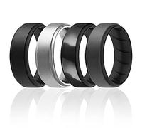 ROQ Anillos de silicona, anillo de boda de goma de silicona transpirable para hombres con diseño de ajuste cómodo, borde escalonado de 8 mm, paquete de 4, anillo de boda de silicona, negro, plata,