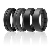 ROQ Anillos de silicona, anillo de boda de goma de silicona transpirable para hombres con diseño de ajuste cómodo, línea media grabada de 8 mm, paquete de 4, anillo de boda de silicona, negro, colores