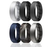 ROQ Anillos de silicona, anillo de boda de goma de silicona transpirable para hombres con diseño de ajuste cómodo, borde biselado de 8 mm, paquete de 6, anillo de boda de silicona, negro, plata, gris,