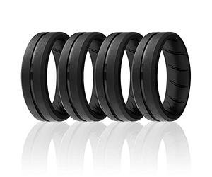 ROQ Anillos de silicona, anillo de boda de goma de silicona transpirable para hombres con diseño de ajuste cómodo, línea media grabada de 8 mm, paquete de 4, anillo de boda de silicona - colores negros - tamaño 11