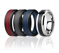 ROQ - Paquete de 4 - 3 anillos de boda de silicona y 1 carburo de tungsteno para hombres - Anillo de silicona para hombre para trabajo/deporte, banda de tungsteno para eventos - Estilo de fibra de carbono - Negro, borde gris, azul - Talla 14