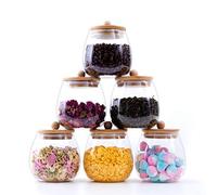 RORA Juego de 6 tarros redondos de cristal transparente para almacenamiento de alimentos con tapas de bambú herméticas para cocina, juego de recipientes decorativos para café, especias y más