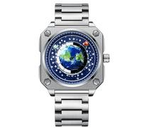 RORIOS Masculino Creativo Relojes Sin Manos Reloj de Pulsera Analógico Cuarzo Cuadrado Reloj Tierra Esfera Reloj Diseño Moda Reloj para Hombres Acero Inoxidable Azul Blanco A