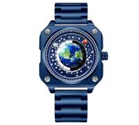 RORIOS Masculino Creativo Relojes Sin Manos Reloj de Pulsera Analógico Cuarzo Cuadrado Reloj Tierra Esfera Reloj Diseño Moda Reloj para Hombres Acero Inoxidable Azul A