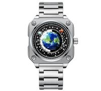 RORIOS Masculino Creativo Relojes Sin Manos Reloj de Pulsera Analógico Cuarzo Cuadrado Reloj Tierra Esfera Reloj Diseño Moda Reloj para Hombres Acero Inoxidable Negro Blanco A