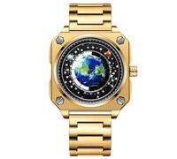 RORIOS Masculino Creativo Relojes Sin Manos Reloj de Pulsera Analógico Cuarzo Cuadrado Reloj Tierra Esfera Reloj Diseño Moda Reloj para Hombres Acero Inoxidable Oro Negro A