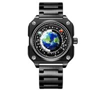 RORIOS Masculino Creativo Relojes Sin Manos Reloj de Pulsera Analógico Cuarzo Cuadrado Reloj Tierra Esfera Reloj Diseño Moda Reloj para Hombres Acero Inoxidable Negro A