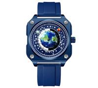 RORIOS Masculino Creativo Relojes Sin Manos Reloj de Pulsera Analógico Cuarzo Cuadrado Reloj Tierra Esfera Reloj Diseño Moda Reloj para Hombres Acero Inoxidable Azul B