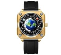 RORIOS Masculino Creativo Relojes Sin Manos Reloj de Pulsera Analógico Cuarzo Cuadrado Reloj Tierra Esfera Reloj Diseño Moda Reloj para Hombres Acero Inoxidable Oro Negro B
