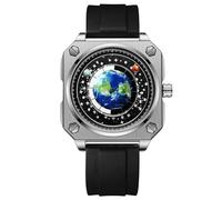 RORIOS Masculino Creativo Relojes Sin Manos Reloj de Pulsera Analógico Cuarzo Cuadrado Reloj Tierra Esfera Reloj Diseño Moda Reloj para Hombres Acero Inoxidable Negro Blanco B