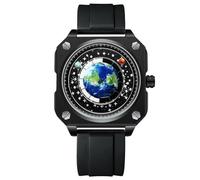 RORIOS Masculino Creativo Relojes Sin Manos Reloj de Pulsera Analógico Cuarzo Cuadrado Reloj Tierra Esfera Reloj Diseño Moda Reloj para Hombres Acero Inoxidable Negro B