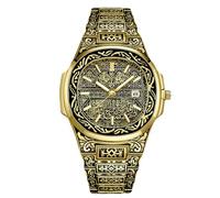 RORIOS Reloj Caligrafía Islámica para Hombres Pulsera Acero Inoxidable Pantalla de Fecha & Esfera Grabada Decorada Relojes Moda Religiosa Oro