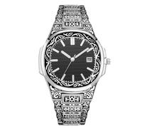 RORIOS Reloj Caligrafía Islámica para Hombres Pulsera Acero Inoxidable Pantalla de Fecha & Esfera Grabada Decorada Relojes Moda Religiosa Plata Negra