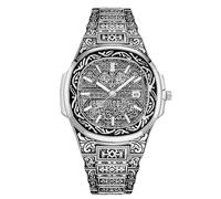 RORIOS Reloj Caligrafía Islámica para Hombres Pulsera Acero Inoxidable Pantalla de Fecha & Esfera Grabada Decorada Relojes Moda Religiosa Plata