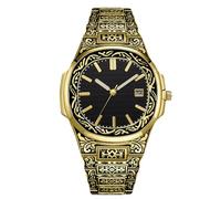 RORIOS Reloj Caligrafía Islámica para Hombres Pulsera Acero Inoxidable Pantalla de Fecha & Esfera Grabada Decorada Relojes Moda Religiosa Oro Negro