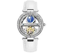RORIOS Reloj de Mujer de Pulsera analógico automático mecánico de Mujer con Correa de Piel Women Mechanical Watches, Blanco A., Correa