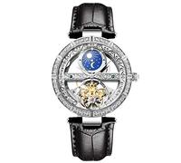 RORIOS Reloj de Mujer mecánico automático para Mujer Reloj de Pulsera de Cuero Genuino automático Reloj de señoras, Negro A, Clásico