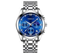 RORIOS Reloj de Pulsera Clásicos Acero Inoxidable Relojes Multifuncional para Hombre Reloj Elegante Negocios Reloj Impermeable Analógico Cuarzo Azul A