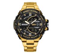 RORIOS Reloj de Pulsera Electrónico Doble Pantalla para Hombre Reloj 5ATM Impermeable Relojes Digital Cuarzo Reloj Multifuncional Militares Correa Acero Inoxidable Negro Oro B