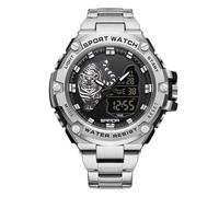 RORIOS Reloj de Pulsera Electrónico Doble Pantalla para Hombre Reloj 5ATM Impermeable Relojes Digital Cuarzo Reloj Multifuncional Militares Correa Acero Inoxidable Negro Plata A