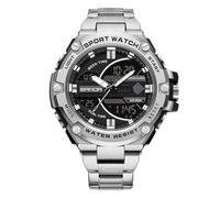 RORIOS Reloj de Pulsera Electrónico Doble Pantalla para Hombre Reloj 5ATM Impermeable Relojes Digital Cuarzo Reloj Multifuncional Militares Correa Acero Inoxidable Negro Plata B