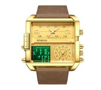 RORIOS Reloj de Pulsera Multifuncional Digital para Hombre Reloj Moda Cuadrados Cuarzo con Pantalla Analógica Electrónica de Esfera Grande Marrón Dorado