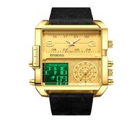 RORIOS Reloj de Pulsera Multifuncional Digital para Hombre Reloj Moda Cuadrados Cuarzo con Pantalla Analógica Electrónica de Esfera Grande Negro Dorado A